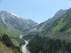 General view of the Ala-Archa gorge toward to the waterfall